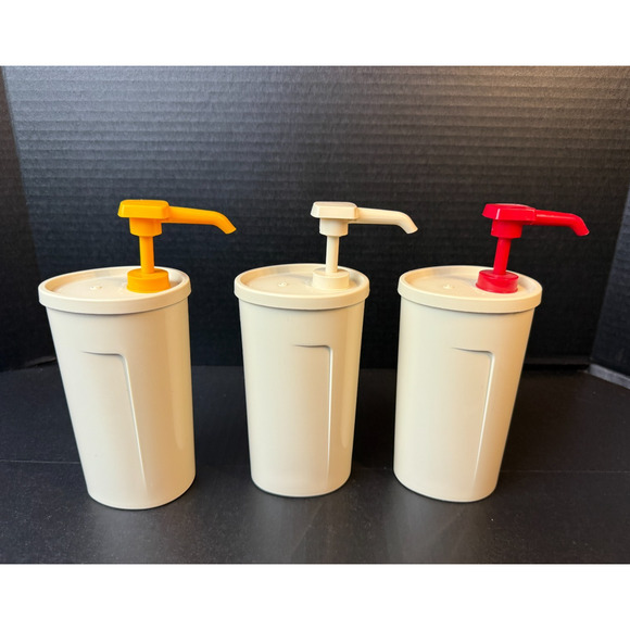 Vtg Tupperware Pump Dispensers Condiments Ketchup Mayo Mustard Set Of 3 *READ - Picture 4 of 12